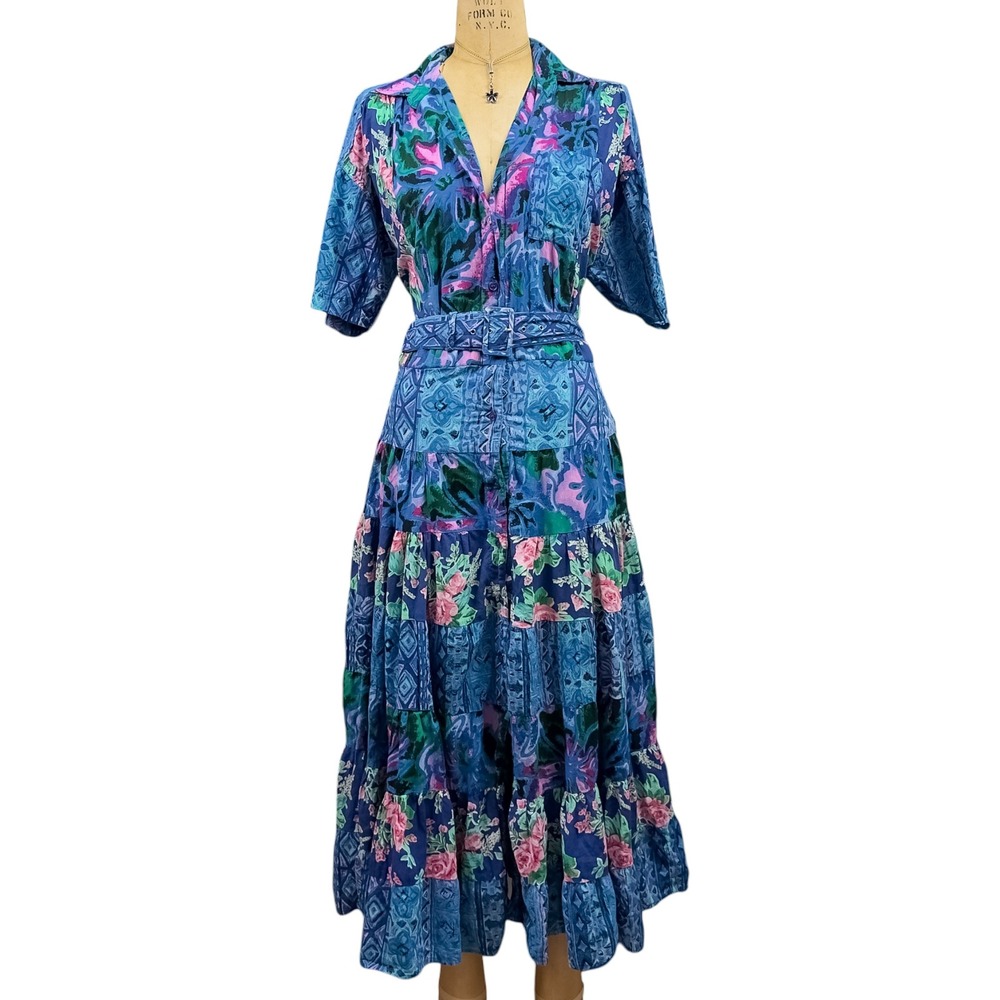 90s Retro Floral Patchwork Maxi Dress Belted Tiered Boho Prairie Vintage 10